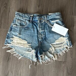 Zara Trf Stylish Blue Distressed Jean Shorts Hi Rise Curved New
